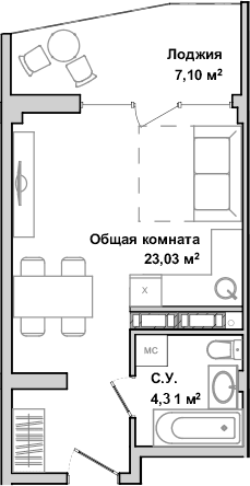Студия, 27.34 м²