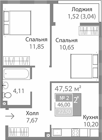 2-комн., 44.48 м²