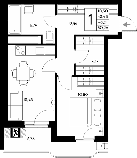 1-комн., 43.48 м²