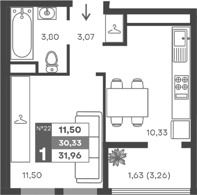 1-комн., 28.7 м²