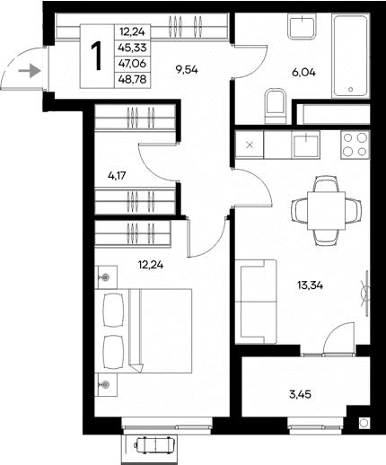 1-комн., 45.33 м²