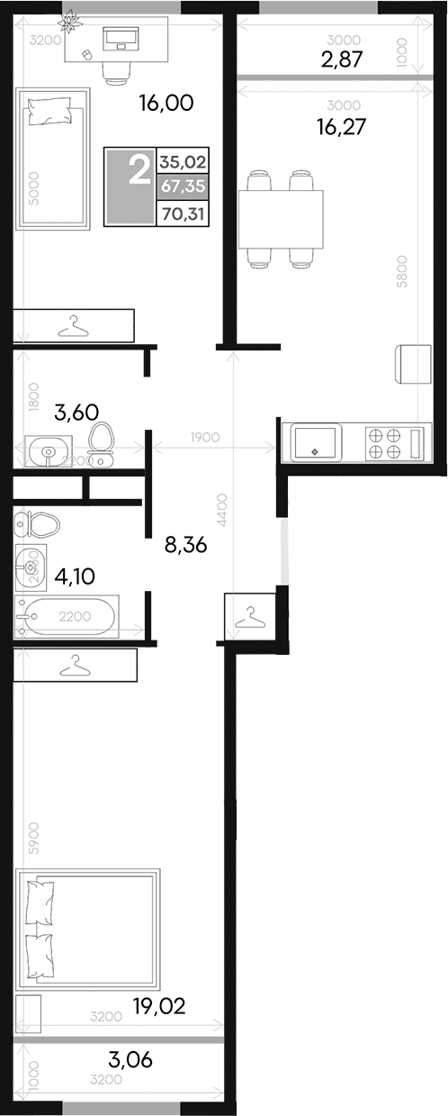 2-комн., 67.34 м²