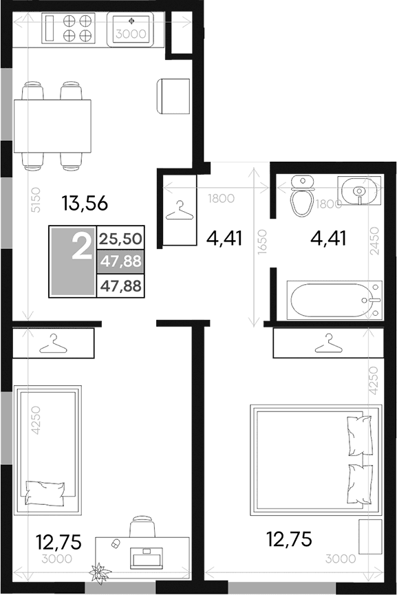 2-комн., 47.88 м²