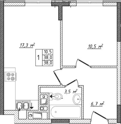 2-комн., 38 м²