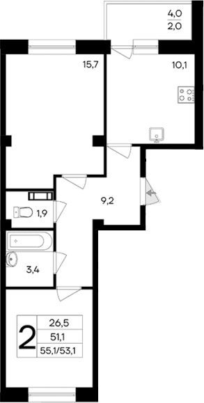 2-комн., 53.1 м²