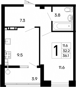 1-комн., 32.2 м²