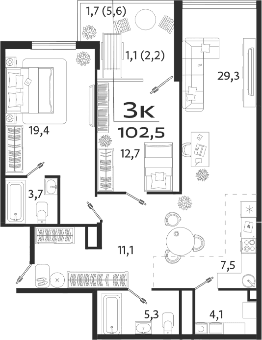 3-комн., 94.5 м²