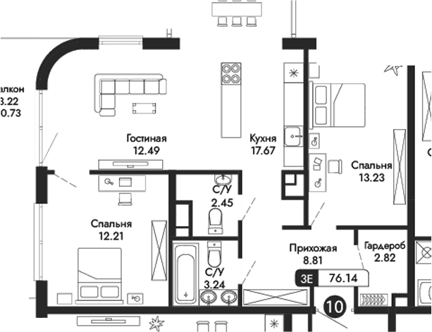 3-комн., 72.92 м²