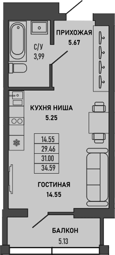 Студия, 29.46 м²