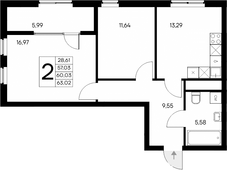 2-комн., 57.03 м²