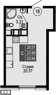 Студия, 23.88 м²
