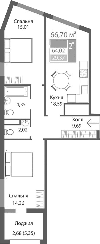 2-комн., 64.02 м²