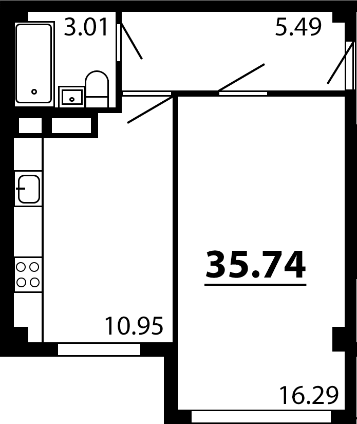1-комн., 35.74 м²