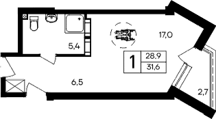 Студия, 28.9 м²