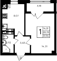 1-комн., 28.78 м²