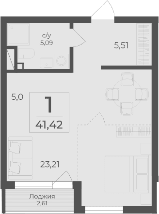 Студия, 38.81 м²