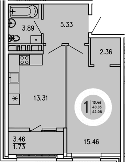 1-комн., 40.35 м²
