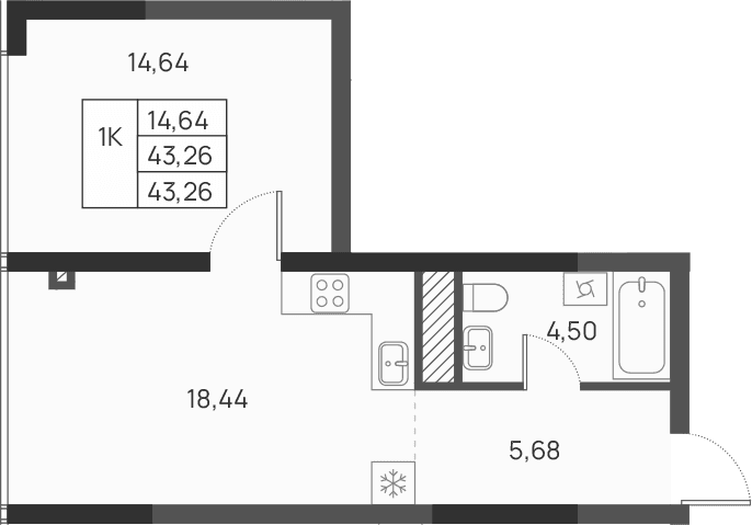 1-комн., 43.26 м²