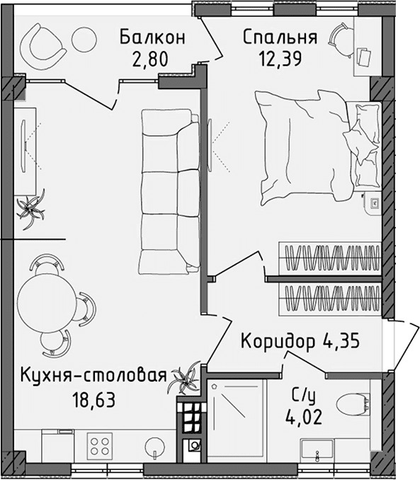 2-комн., 38.1 м²