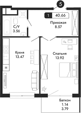 1-комн., 39.52 м²