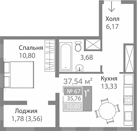 1-комн., 33.98 м²