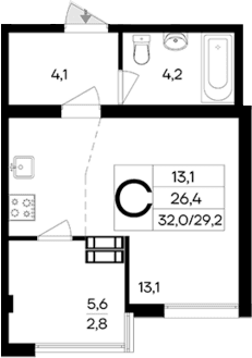 Студия, 26.4 м²
