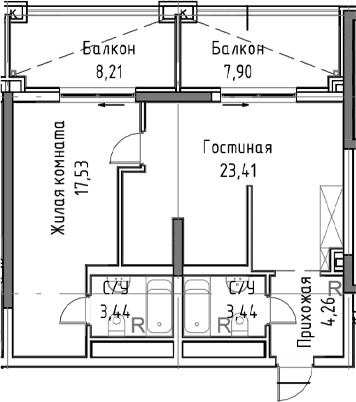 2-комн., 63.36 м²