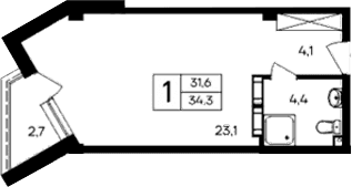 Студия, 31.6 м²