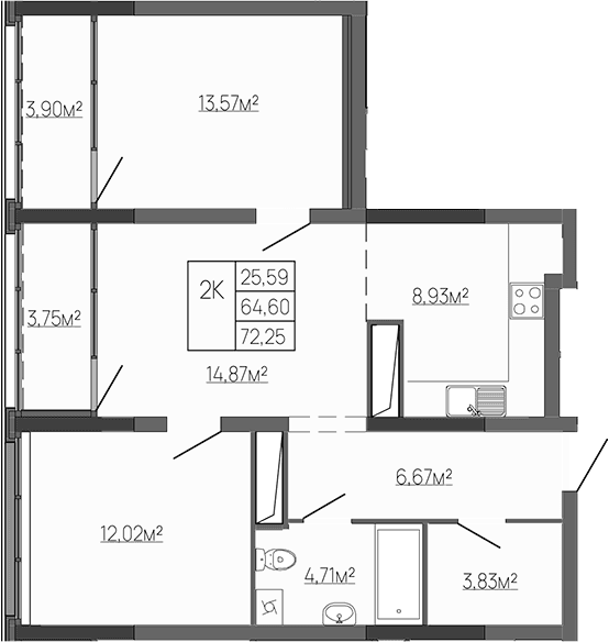 2-комн., 64.6 м²