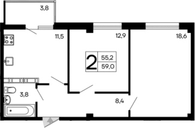 2-комн., 55.2 м²