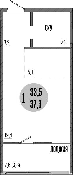 Студия, 33.5 м²