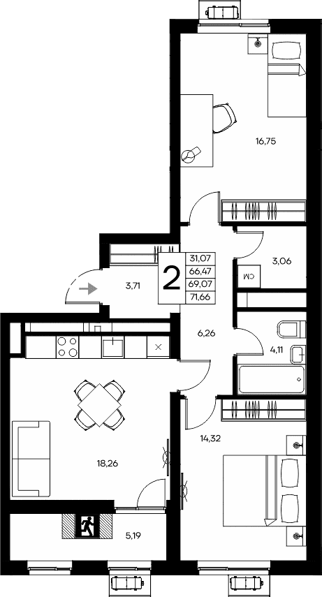 2-комн., 66.47 м²