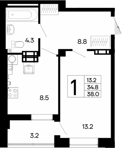 1-комн., 34.8 м²