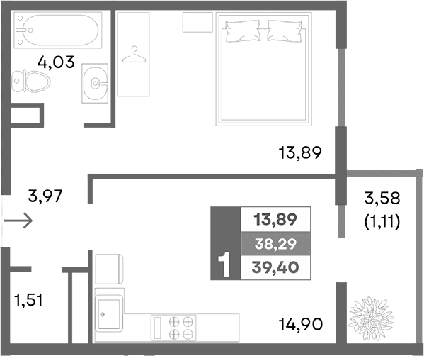 1-комн., 38.29 м²