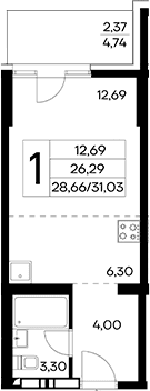 Студия, 28.66 м²