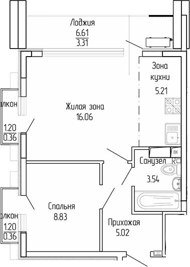 1-комн., 38.66 м²