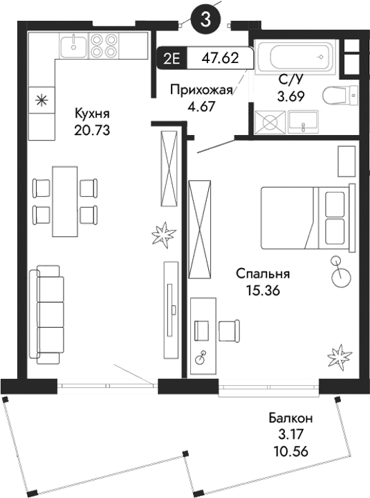 2-комн., 44.45 м²