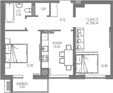 2-комн., 54.72 м²