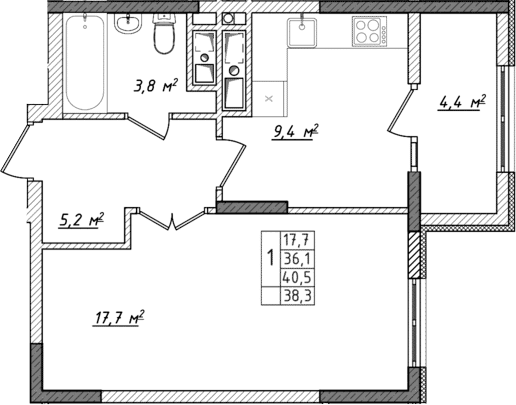 1-комн., 36.1 м²