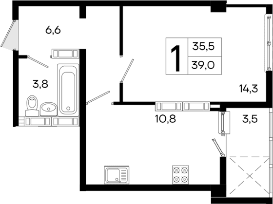 1-комн., 35.5 м²
