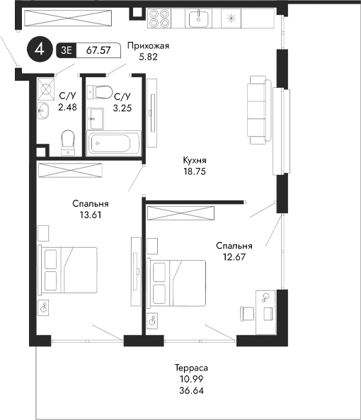 3-комн., 56.58 м²