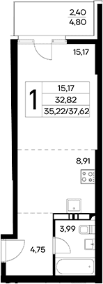 Студия, 35.22 м²