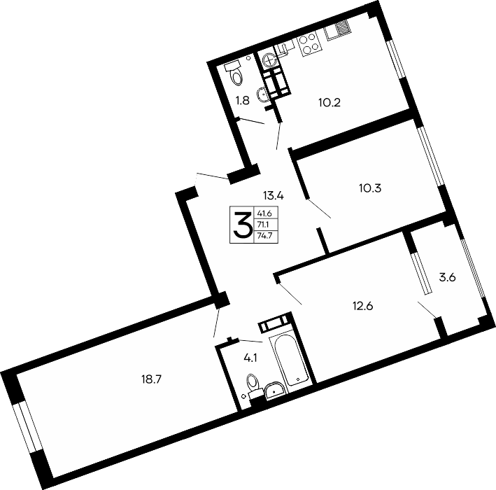 3-комн., 71.1 м²