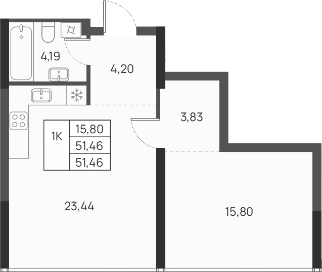 1-комн., 51.46 м²