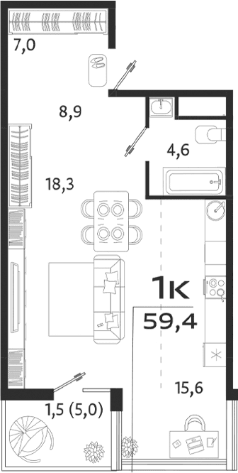 Студия, 54.4 м²