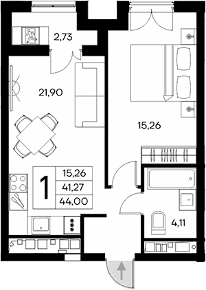 1-комн., 41.27 м²