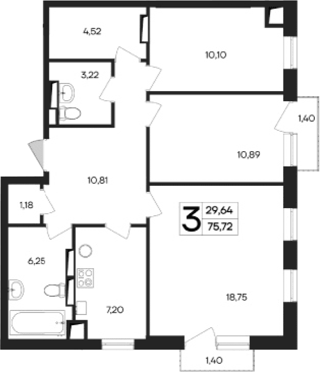 3-комн., 72.92 м²