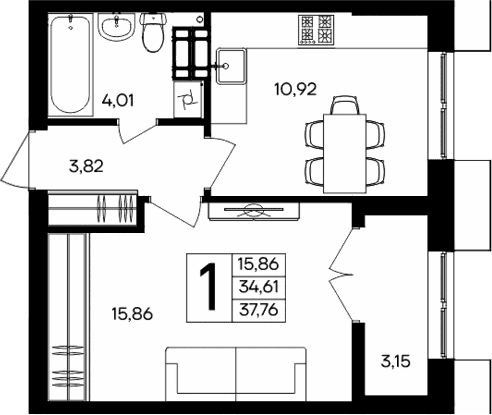 1-комн., 34.61 м²