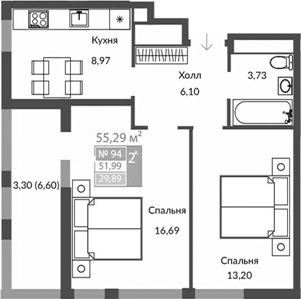 2-комн., 48.69 м²