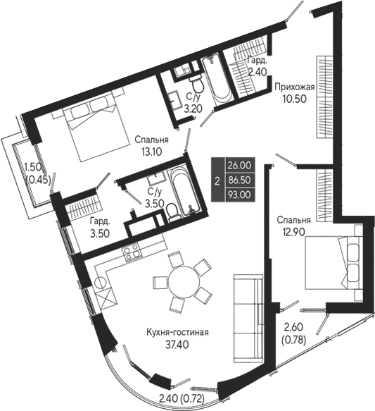 2-комн., 86.5 м²